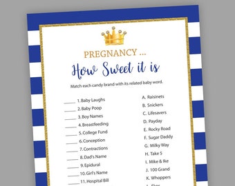 Royal Baby Shower Games, Pregnancy How Sweet it is, Little Prince, Candy Match Game, Printable Shower, Royal Blue Gold, Candy Bar Game, S021