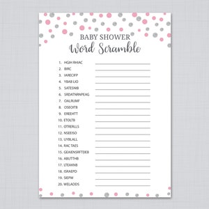 Pink Silver, Baby shower games, Baby word scramble game, Printable baby shower, Girl baby shower, Baby shower scramble, Baby Babble, S011