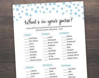 Blue baby shower games, What's in your Purse, Printable baby shower, What's in your bag game, Baby boy shower games, Blue polka dots, S043
