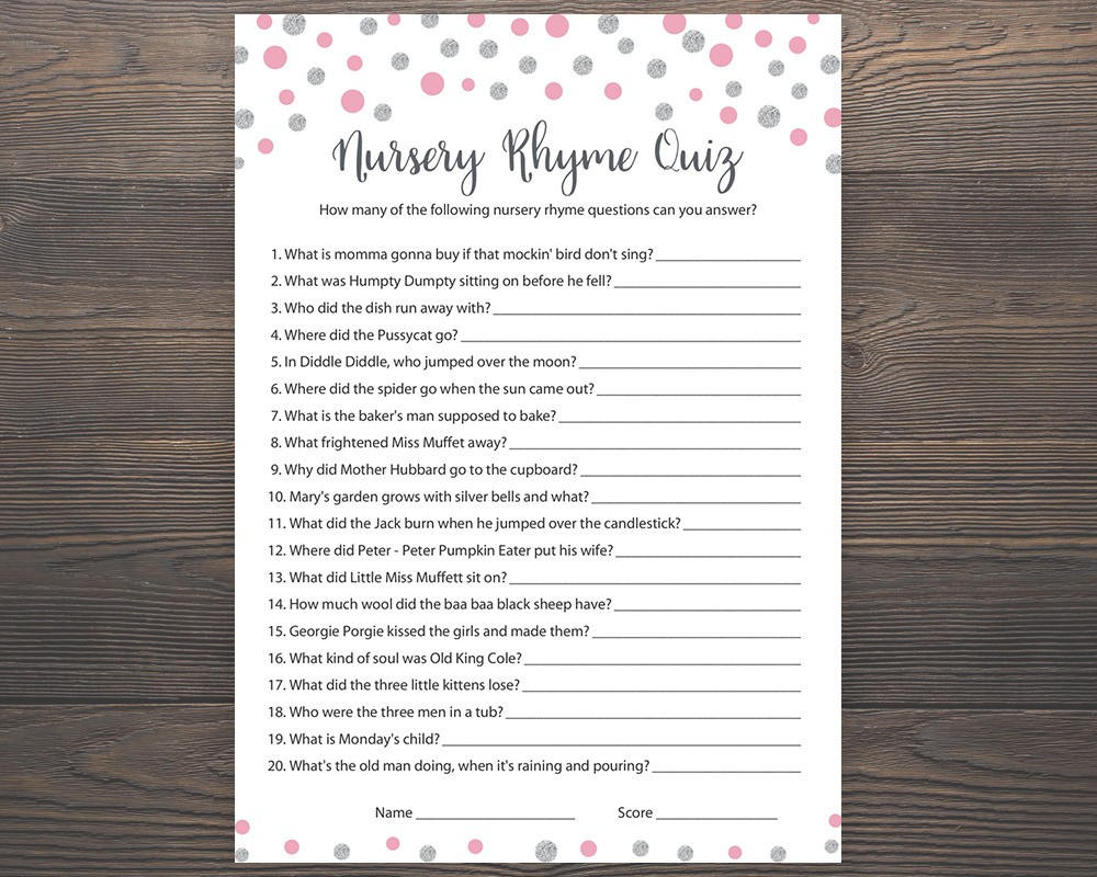 Pink And Silver Baby Shower Games Nursery Rhyme Quiz Etsy Il Fullxfull Pink And Silver Baby Shower Games