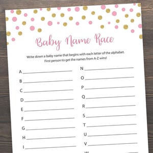 Pink Gold, Baby Shower Games, Baby Name Race, Name Game A-Z, Alphabet Baby Name Game, Gold Baby Shower Games, Baby Name Race Game, S006