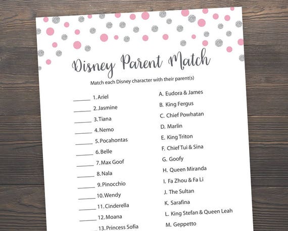 Pink Silver Baby Shower Games Disney Parent Match Match The Etsy