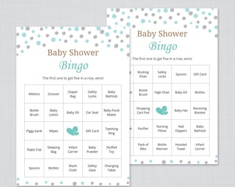 60 Prefilled Baby Bingo Game Cards, Silver Turquoise Baby Shower Games, Boy Baby Shower, Baby Shower Bingo, Baby Bingo Game, Printable, S069