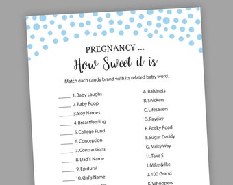 Blue Baby Shower Games, Pregnancy How Sweet it is, Candy Match Game, Printable Baby Shower, Boy Baby Shower, Candy Bar Game, S043