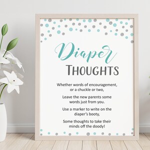 Turquoise Silver, Baby Shower Sign, Diaper Thoughts, Late Night Diapers, Write Message on Diaper, Baby Boy, Printable Diapers Game, S069