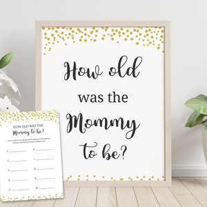 Gold Baby Shower Games, Quanti anni doveva avere la mamma, Indovina l'età della mamma, Gioco di indovinare l'età, Attività baby shower, Stampabile, S007