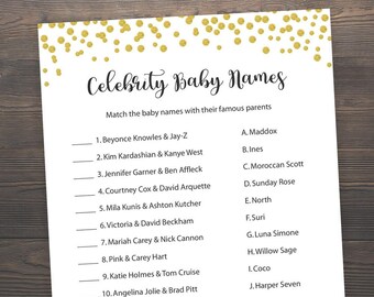 Gold Baby shower games, Celebrity baby name game, Baby shower games, Gold baby shower, Printable baby shower, Celebrity baby names, S007