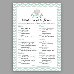 Mint green grey, Elephant baby shower games, Whats on your Phone, Printable Baby Shower, Chevron, Cell Phone Game, Whats in your Phone S044