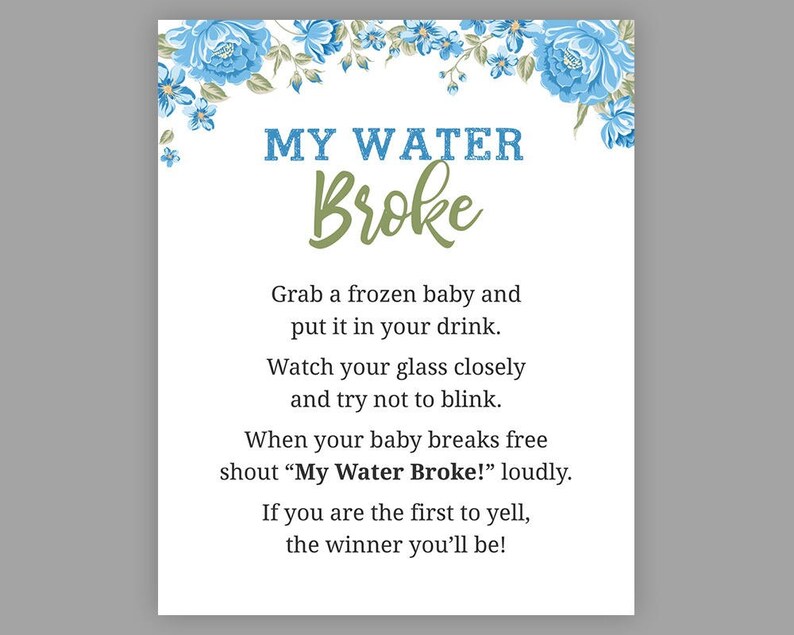 My Water Broke Floral Blue Baby Shower Games My Water Broke Etsy