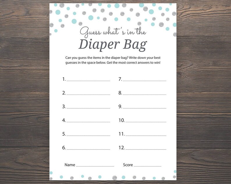 Silver Blue Baby Shower Games What S In The Diaper Bag Etsy Silver Blue Baby Shower Games What S In The Diaper Bag Etsy