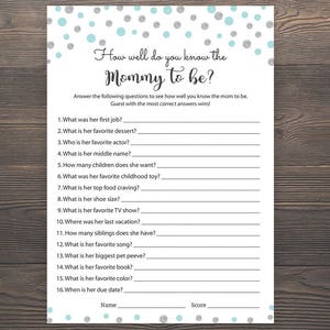 Blu e argento, Giochi per il baby shower, Chi conosce meglio la mamma, Gioco per il baby shower, Quanto bene conosci la mamma, Idee blu per il baby shower, S010