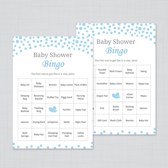 60 Prefilled Baby Bingo Cards Blue Baby Shower Games Boy Etsy