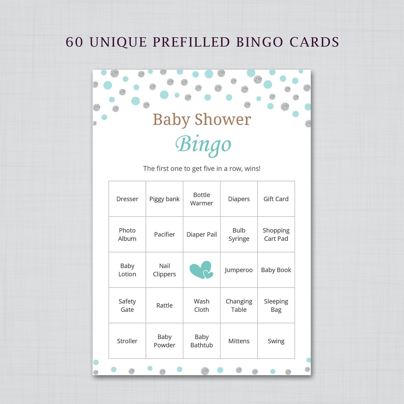 60 Prefilled Baby Bingo Game Cards Silver Turquoise Baby Etsy