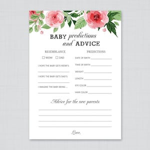 Prédictions florales pour bébé et cartes de conseils, jeux de douche de bébé, douche de bébé rose, conseils pour les nouveaux parents, douche de bébé fille, S017