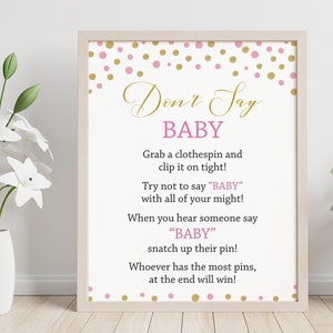Pink Gold Baby Shower Games, Don&#39;t say Baby Sign Printable, Girl Baby Shower, Pink Baby Shower, Gold Baby Shower, Clothespin Game, S006