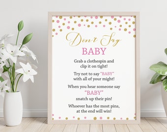 Pink Gold Baby Shower Games, Don't say Baby Sign Printable, Girl Baby Shower, Pink Baby Shower, Gold Baby Shower, Clothespin Game, S006