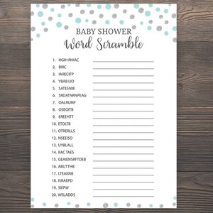 Silver Turquoise Baby shower games, Baby word scramble game, Printable baby shower, Boy baby shower, Baby shower scramble, Baby Babble, S069