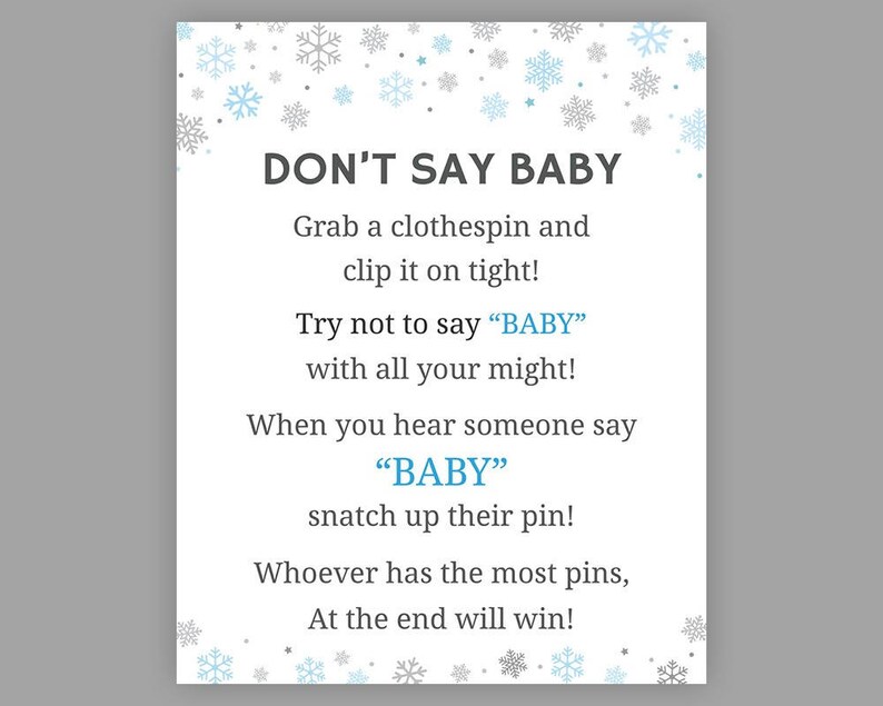 Winter Snowflakes Dont Say Baby Game Baby Shower Games Boy Etsy