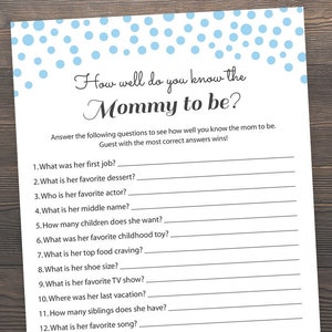 Giochi per baby shower blu, Chi conosce meglio la mamma, Gioco per baby shower per maschietti, Quanto conosci la futura mamma, Idee per baby shower blu, S043