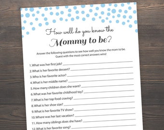 Blue baby shower games, Who knows mommy best, Baby boy shower game, How well do you know the Mommy to be, Blue baby shower ideas, S043