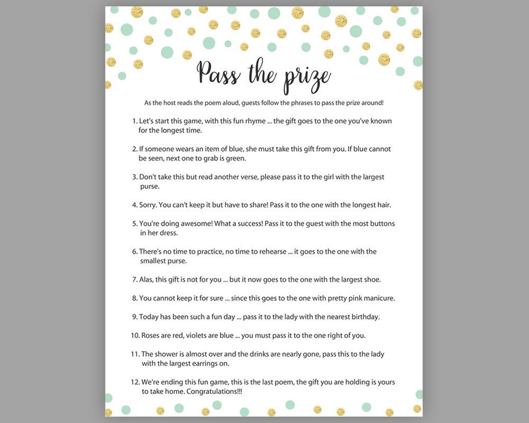 Mint and Gold Baby Shower Game Pass the Prize Mint Baby - Etsy