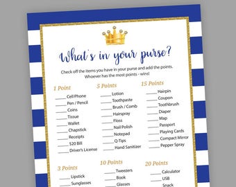 Royal Baby Shower Games, What's in your Purse, Royal Blue Gold, Printable Games, Little Prince Baby Shower, Whats in your Bag, S021