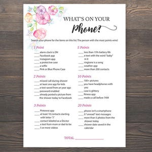 Whats on your Phone, Baby Shower Games, Printable Baby Shower, Girl Baby Shower, Cell Phone Game, Whats in your Phone, Game Mobile, S015