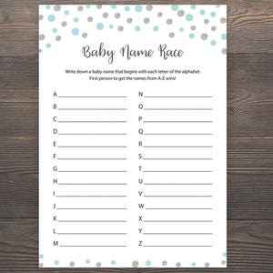 Silver Blue Baby shower games, Baby name race, Baby name game, Baby boy shower, a-z game, Alphabet race game, Printable baby name race, S010