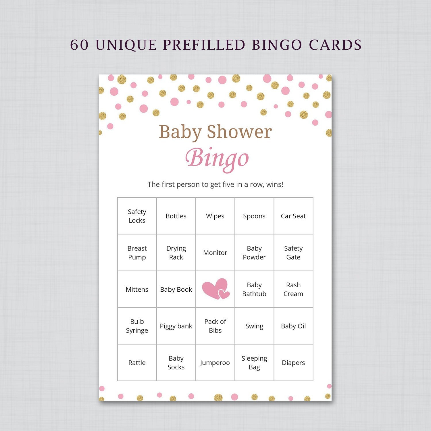 60 Prefilled Baby Bingo Game Cards, Baby Shower Games, Girl Baby Shower ...