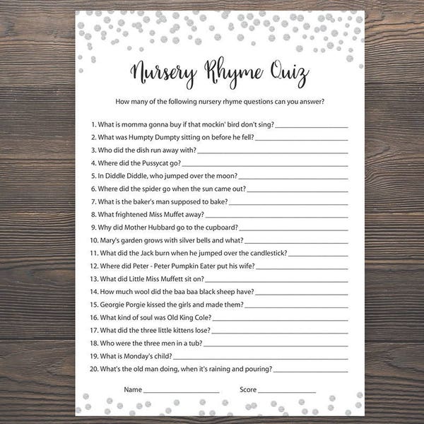 Silver Baby Shower Games, Nursery Rhyme Quiz, Printable Baby Shower, Silver Baby Shower, Printable Baby Shower, Nursery Rhymes Game, S012