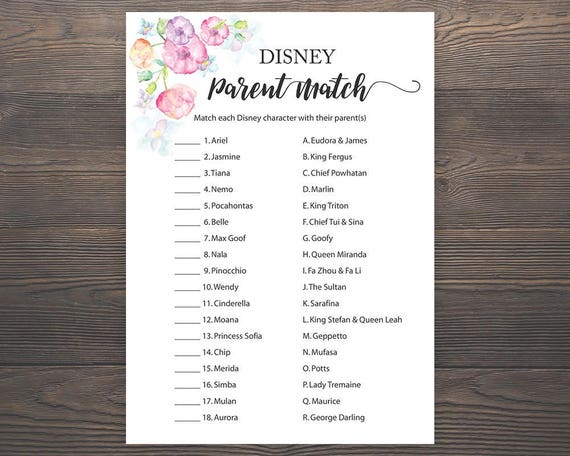 Disney Parent Match Game Baby Shower Games Printable Baby Etsy