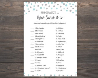 Blue Silver Baby Shower Games, Pregnancy How Sweet it is, Candy Match Game, Printable Baby Shower, Boy Baby Shower, Candy Bar Game, S010
