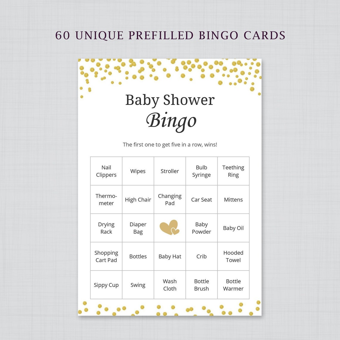 60 Prefilled Baby Bingo Game Cards Gold Baby Shower Games Etsy