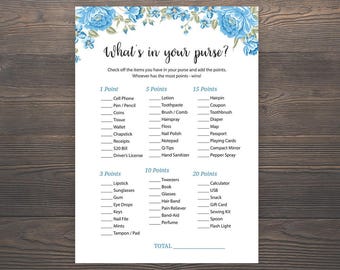 Whats in your Purse, Baby Shower Games, Boy Baby Shower, What's in your Purse, What's in your Bag, Printable Purse Game, Blue shower, S001