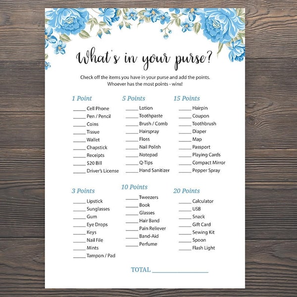 Whats in your Purse, Baby Shower Games, Boy Baby Shower, What's in your Purse, What's in your Bag, Printable Purse Game, Blue shower, S001