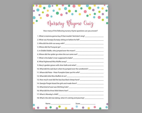 Baby Sprinkle Rainbow Blue Baby Shower Nursery Rhyme Quiz Game Printable
