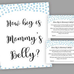 Jogos de chá de bebê azul, Qual o tamanho da barriga da mamãe, Cartas de jogo, Jogo da barriga da mamãe, Chá de bebê para imprimir, Adivinhe o tamanho, S043