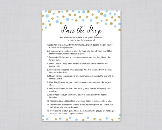 Blue Gold Baby Shower Games, Pass the Prize, Boy Baby Shower, Rhyme Game,  Parcel Game, Blue Pass the Parcel Game, Baby Shower Game, S005