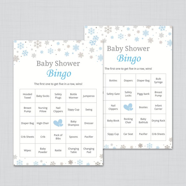 Winter Snowflakes Baby Shower Games, 60 Prefilled Baby Bingo Game Cards, Blue Silver Snowflake, Boy Baby Shower Bingo, Printable Bingo, S023