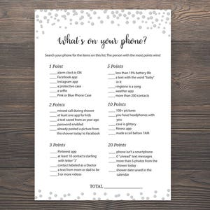 Silver Baby Shower Games, Whats on your Phone, Printable Baby Shower, Boy Baby Shower, Cell Phone Game, Silver Whats in your Phone, S012
