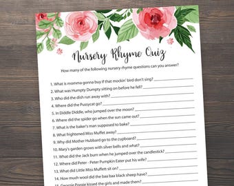 Nursery Rhyme Quiz, Baby Shower Games, Printable Baby Shower, Nursery Rhymes Game, Floral Baby Shower, Baby Shower Quiz, Nursery Game, S017