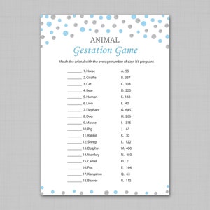 Blue Silver Animal Gestation Game, Baby Shower Games, Boy Baby Shower, Grey Match the Baby Animal, Animal Pregnancy, Baby Animal Quiz, S010