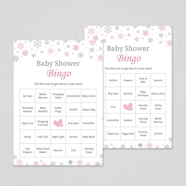 60 Prefilled Baby Bingo Game Cards, Pink and Silver Snowflakes Baby Shower Game, Pink Silver Winter Snowflake Baby Bingo, Printable, S058