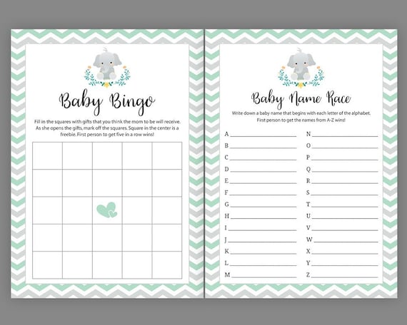 Mint Green /& Grey Chevron Elephant Baby Shower Games Pack 8 Printable Games