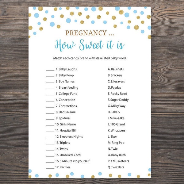 Blue and Gold Baby Shower, Pregnancy How Sweet it is, Candy Match Game, Printable Baby Shower, Boy Baby Shower, Candy Bar Game, S005