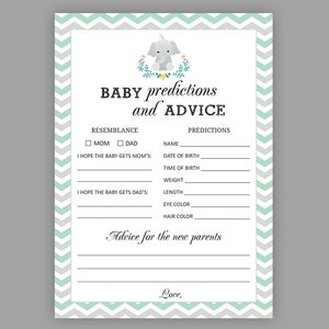 Gris menthe, Jeux de douche de bébé éléphant, Cartes de prédictions et de conseils pour bébé, Conseils pour les nouveaux parents, Cartes de conseils de prédiction de menthe, S044