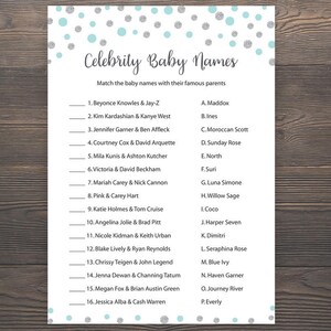 Silver Turquoise Baby shower game, Celebrity baby name game, Boy baby shower, Printable grey baby shower game, Celebrity baby names, S069