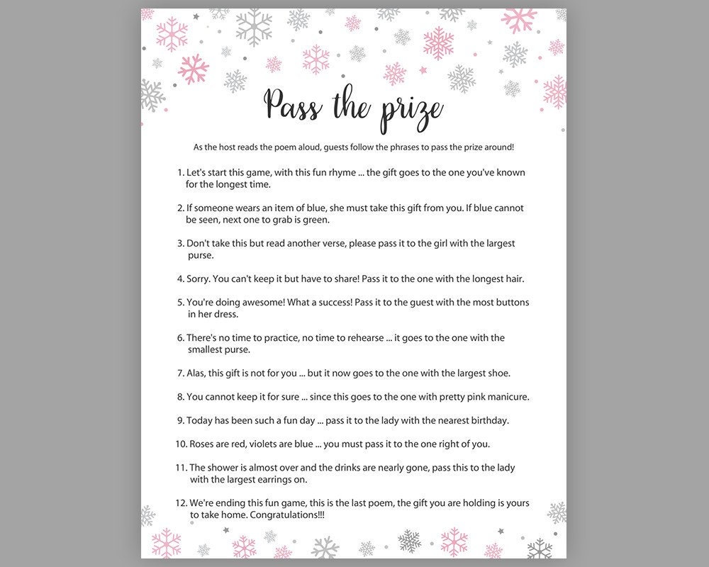 Pink Silver Snowflakes Baby Shower Games Pass The Prize Etsy