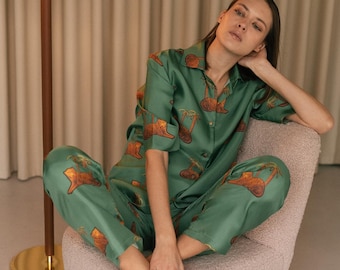 Zweiteiliger Damen-Seidenanzug mit Hose, kurzärmliges Button-Down-Seidenhemd und Hose, Damen-Kreuzfahrt-Outfit