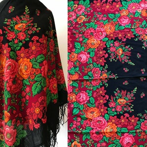 Vintage wollen sjaal met bloempatroon, Oekraïense Russische sjaal, Pavlovo Posad babushka grote deken, piano winter etnische bloemen wrap sjaal